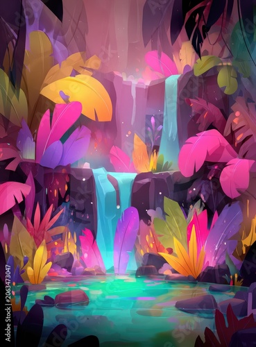 Vibrant Fantasy Waterfall Oasis with Colorful Flora and Lush Foliage.