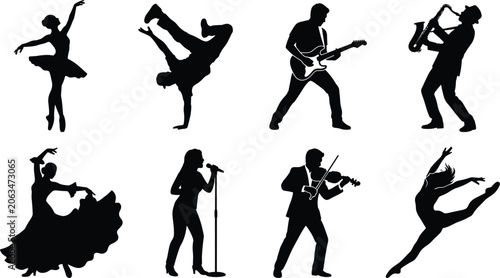 Bild auf Leinwand Performing arts silhouettes set with dancers musicians singers ballet and breakd