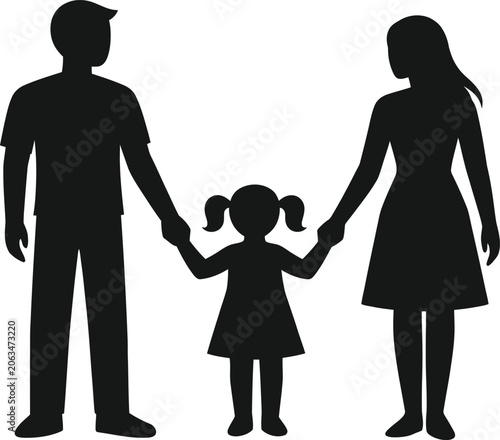 Black Silhouette Vector of Two Adults and Child Holding Hands – Minimalist Artwork Symbolizing Family Unity, Protection, and Connection for Logos, Tattoos, Decorative Graphics, and Branding Concepts
