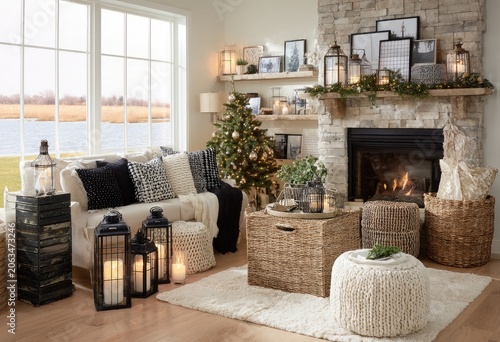 Cozy Christmas living room with a view