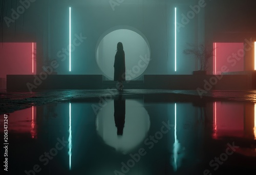 Silhouetted figure in dark robe, neon-lit room, reflecting in a puddle