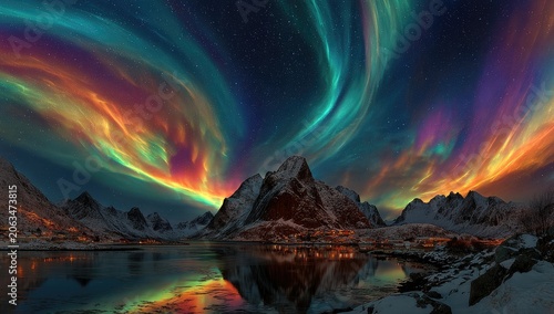 Aurora borealis over fjord landscape