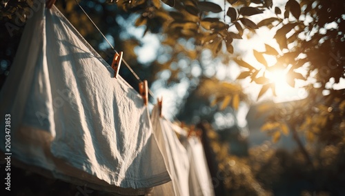 White clothes drying on a clothesline outdoors