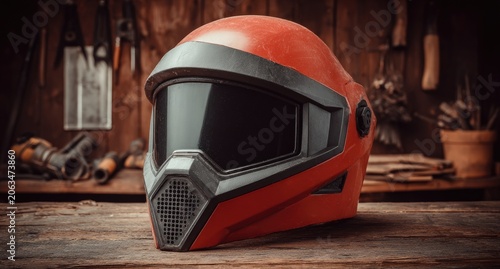 Red helmet on a workbench