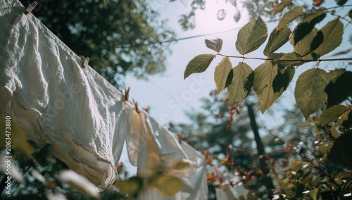 Clothes drying outdoors, sunlight, foliage
