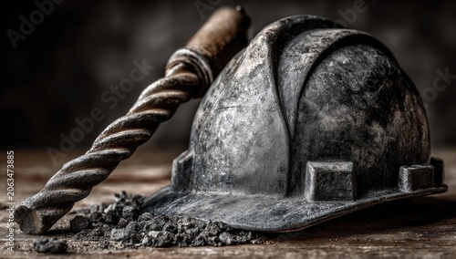 Dusty miner's helmet & drill on weathered wood
