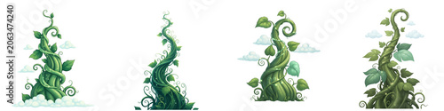 Green beanstalk plants with leaves and clouds isolated on black background