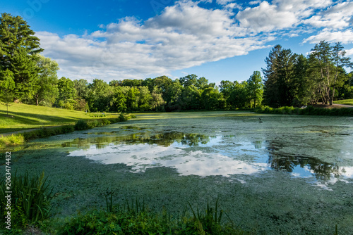 Poughkeepsie, NY - US - Jun 15, 2026 Sunset Lake at Vassar College is a scenic campus landmark. The peaceful waters reflect beautiful clouds, lush green trees, and historic collegiate charm.