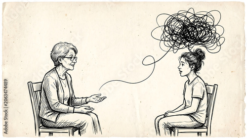 An elderly woman offers guidance and support to a young girl feeling mentally overwhelmed and anxious