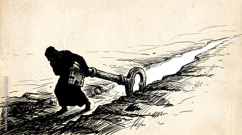Hooded figure dragging a large antique key through a crack in the barren ground