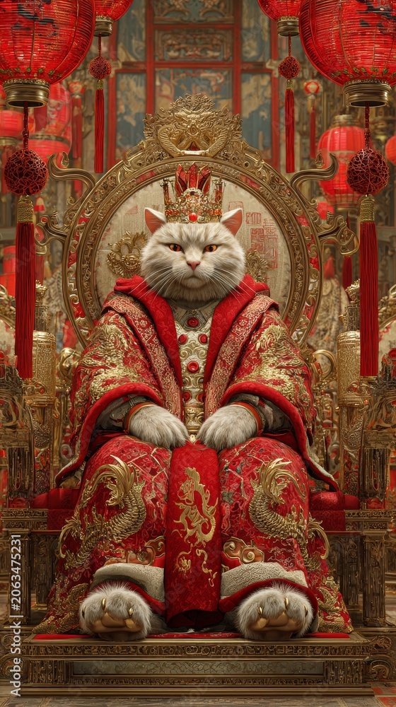 Fototapeta premium A regal cat wearing a golden crown and ornate robes sits on a throne, surrounded by red lanterns and traditional chinese