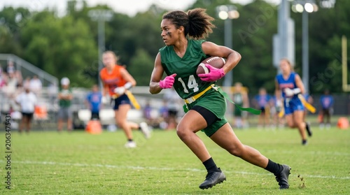 African american flag football player running with ball on outdoor field. Female athlete sprinting during competitive flag football game with teamwork and sports training.