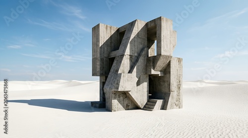 Brutalist concrete structure in white desert.