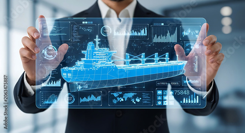 Businessperson holding a transparent screen with a blue cargo ship and data analytics