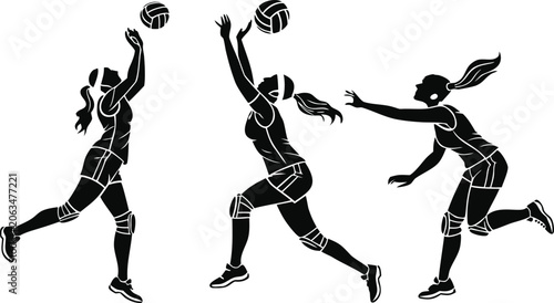 Фотография Netball player silhouettes depict various athletic poses during a game on a whit