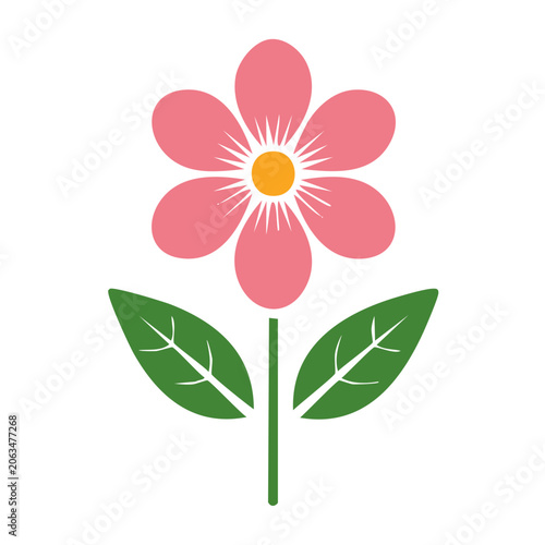 Pink flower with green leaves icon on transparent background