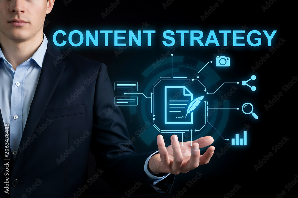 Obraz premium Businessman Cupping Hand Under Virtual Content Strategy Text and Digital Icons for Media Marketing Optimization SEO Article Writing Blog Planning and Corporate Brand Growth