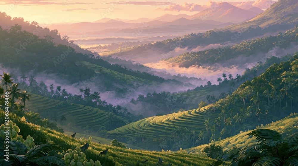 Naklejka premium Misty mountain valley landscape at sunrise with terraced fields