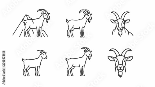 Goat Icons Set: Mountain, Standing, Headshot - Line Art Illustrations