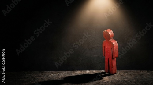 Red wooden figure standing alone under a spotlight in a dark room.