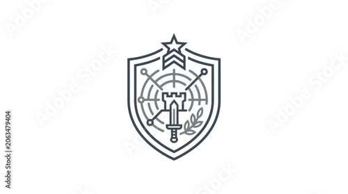Cuadro en lienzo Military crest with shield star sword and castle icon.