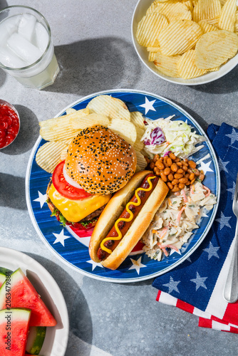 Patriotic Hot Dog and Cheeseburger with Beans and Pasta Salad