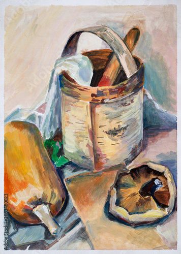 A still life study in gouache,  depicts rustic objects