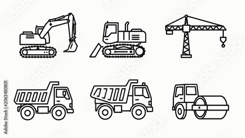 Quadro em tela Construction Heavy Machinery Icons Set - Vector Line Art