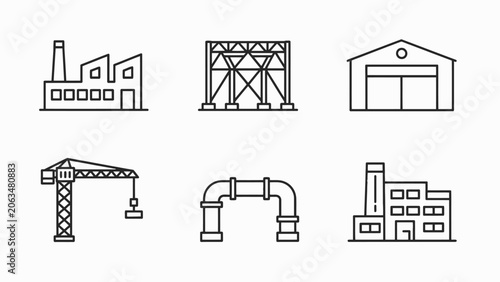 Fotografija Industrial Building Icons: Factory, Crane, Warehouse, Structure, Pipes