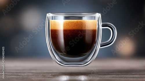Clear glass double wall cup filled with hot espresso coffee beverage a close up shot of hot espresso in a modern double walled glass cup