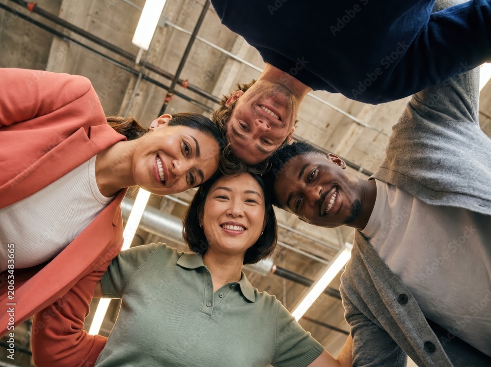 Fototapeta premium Generative AI, Four Diverse Colleagues Huddling Together Smiling Down at Camera in Office