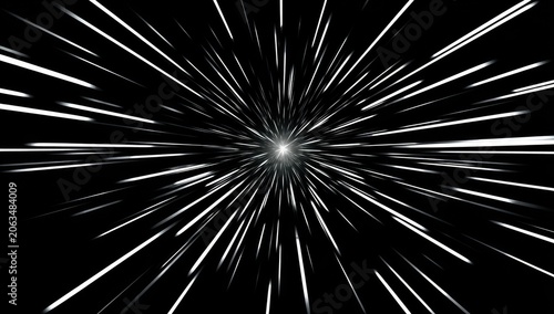 An abstract image features a black background with converging white lines emanating from a central, bright point creating a tunnel effect