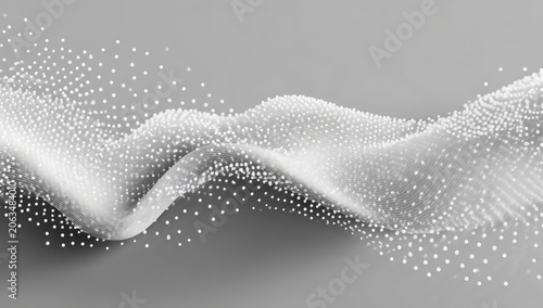An abstract, grayscale visualization depicts a flowing, undulating form comprised of numerous small, white dots, with soft shadows