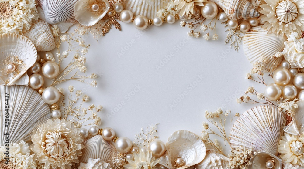 Fototapeta premium Christmas seashell wreath with pearls and ornaments on white