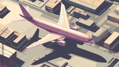 An aircraft gracefully soars above a grid of buildings, casting a long shadow. The illustration uses shades of pink and beige, giving a stylized appearance