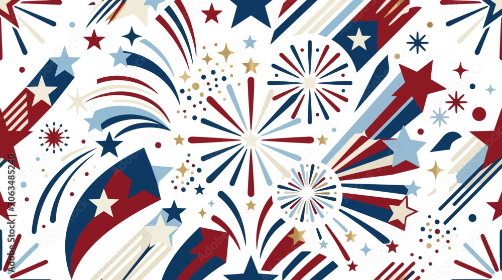 Fototapeta premium Patriotic seamless pattern with red white and blue fireworks and stars on white background. EPS Editable