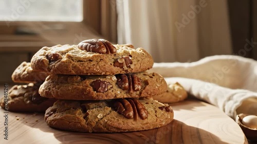 Thick pecan cookies stacked on a round wooden board by a sunlit window, presenting a quiet pecan cookie day scene with cracked golden surfaces, whole nuts, soft linen, and inviting farmhouse warmth