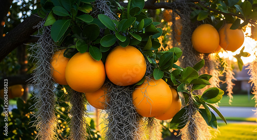 Ripe oranges hanging from a tree branch with spanish moss and sunlight fruit