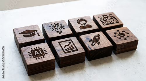 Artificial Intelligence Education Innovation and Digital Technology Concept with Wooden Blocks Icons for Future Learning and Business Development