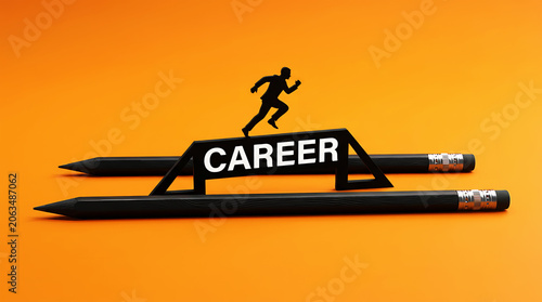 Career Growth and Professional Development Concept with Running Business Figure on Pencil Bridge Symbolizing Success Ambition and Achievement