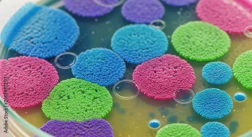 Colorful bacterial colonies growing on agar plate showing antimicrobial resistance in microbiology research laboratory