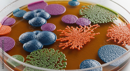 Colorful bacterial colonies grow on agar plate showing antimicrobial resistance with diverse shapes and textures in scientific laboratory setting