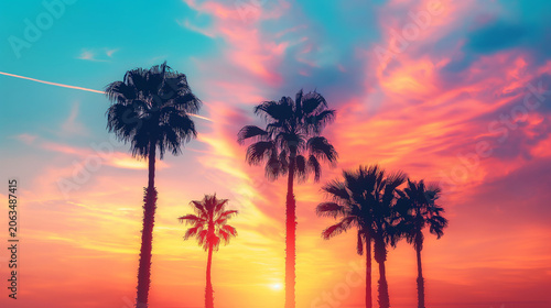 Palm trees silhouette at vibrant sunset with colorful sky gradient