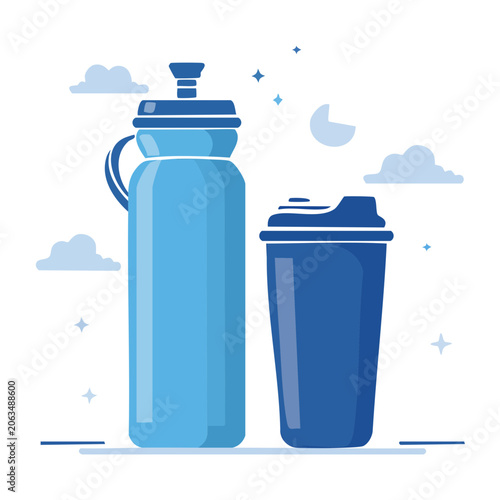 Blue water bottle and protein shaker flat illustration