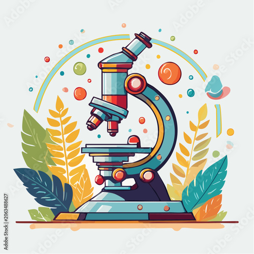 Cartoon Microscope with Colorful Bubbles and Leaves