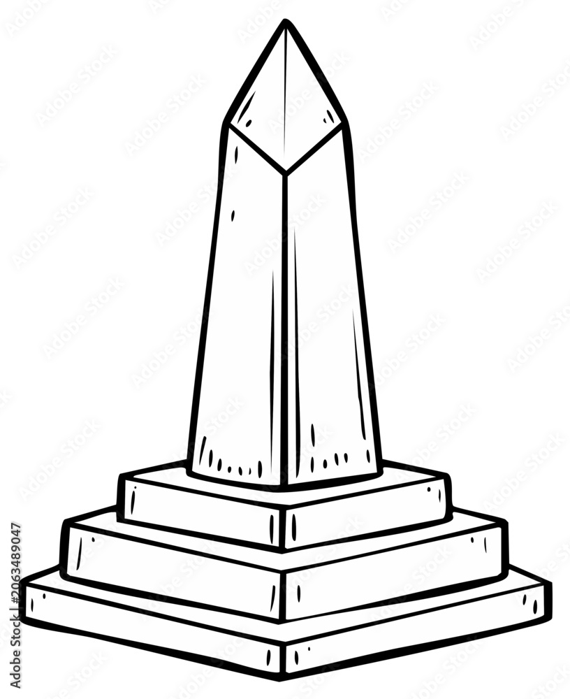 Fototapeta premium Cartoon Obelisk on Tiered Base Structure, Ancient Monument, Geometric Shape and Outline, Vector Art