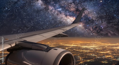 Airplane wing flies above city lights under the galaxy sky