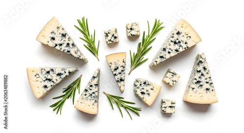 Blue cheese and fresh rosemary sprigs scattered on a white background