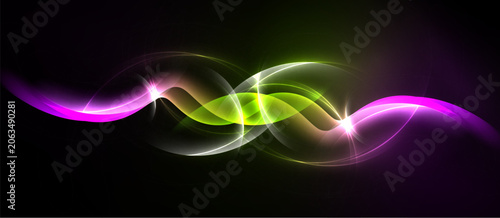 Abstract luminous waves, vibrant colors blend. Green, purple, white light rad...