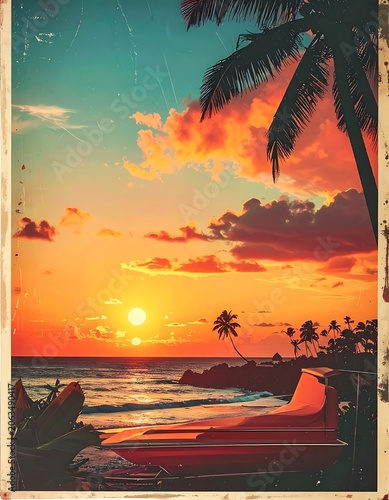 A serene beach scene at sunset with palm trees and a vibrant sky